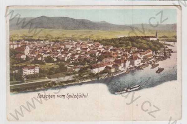  - Děčín (Tetschen), řeka, loď, částečný záběr města, kolorovaná, DA