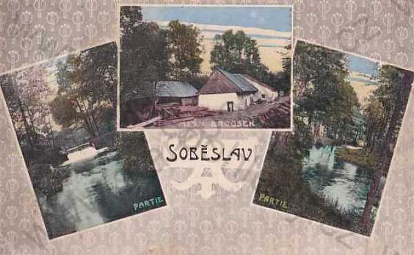  - Soběslav (Tábor), více záběrů, kolorovaná, koláž, mlým Brousek, řeka