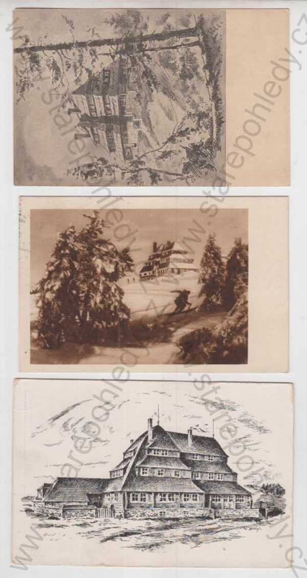  - 3x Šerlich (Rychnov nad kněžnou), Orlické hory, Masarykova chata, kresba