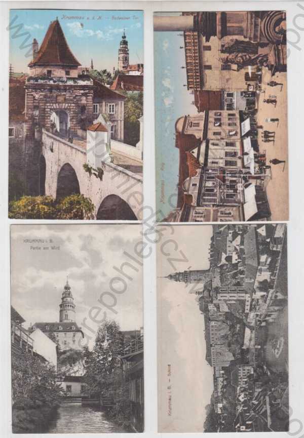  - 4x Český Krumlov (Krummau), brána, náměstí, partie, věž, zámek, částečný záběr města