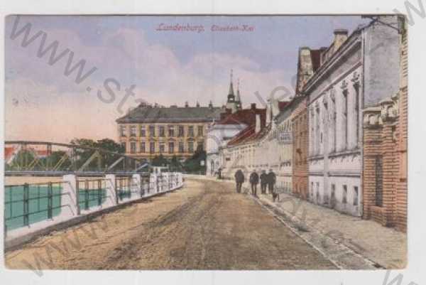  - Břeclav (Lundenburg), pohled ulicí, pes, řeka, most, kolorovaná