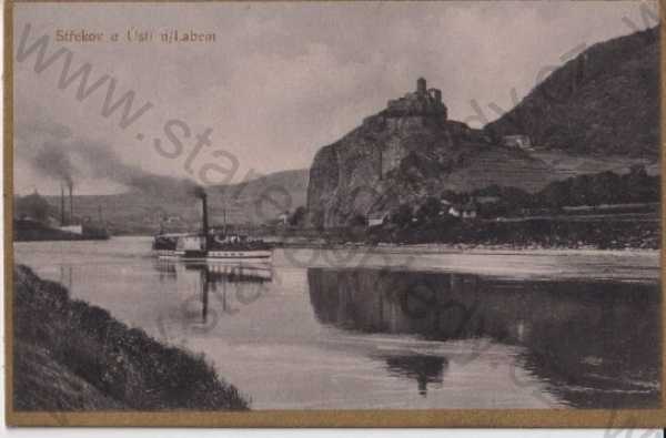  - Střekov - Schreckenstein (Ústí nad Labem - Aussig a. Elbe), hrad, zřícenina, řeka, parník, zlacení po obvodu