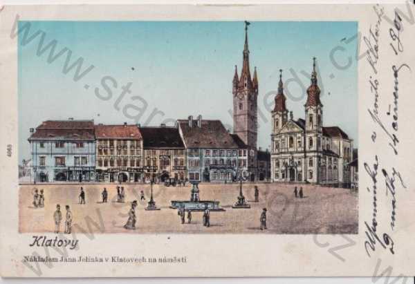  - Klatovy, náměstí, kostel, radnice, kresba, barevná, zlacená, DA