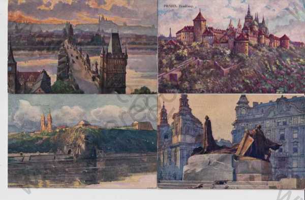  - 12x pohlednice: Praha 1 - Prag, Hračany, Pražský hrad, panorama, Malá Strana, Staré Město, Vyšehrad, akvarel, centrum
