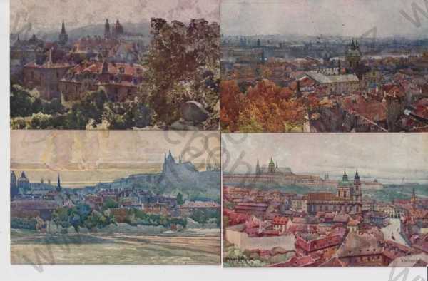  - 12x pohlednice: Praha 1 - Prag, Hračany, Pražský hrad, panorama, Malá Strana, Staré Město, msoty, akvarel, centrum