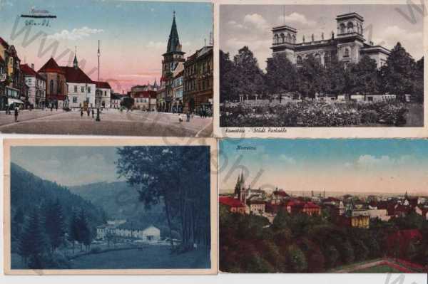  - 4x pohlednice: Chomutov - Komotau, celkový pohled, park, náměstí