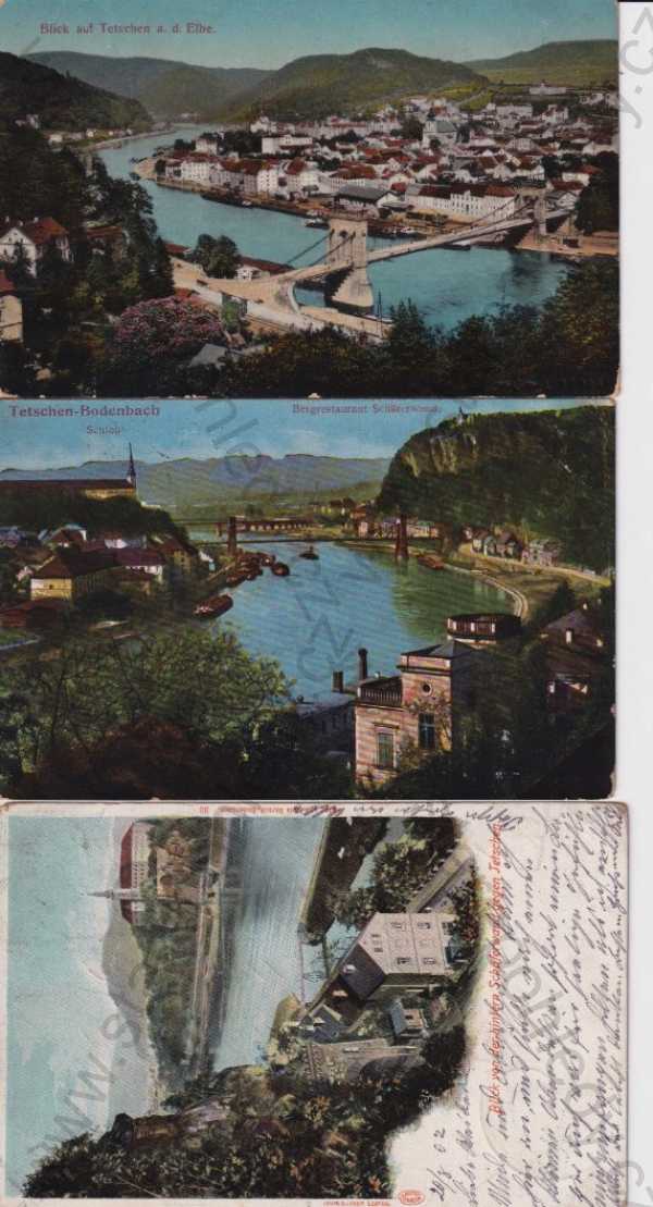  - 3x pohlednice: Děčín - Tetschen, Bodenbach, celkový pohled, řeka, most, lodě, zámek
