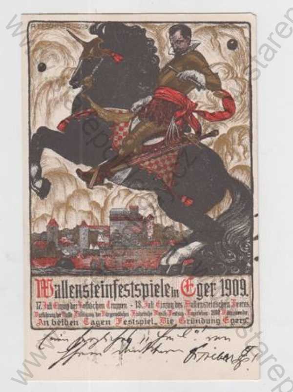  - Cheb (Eger), historická - 1909, voják, kůň, město, částečný záběr města, kolorovaná, zlacená