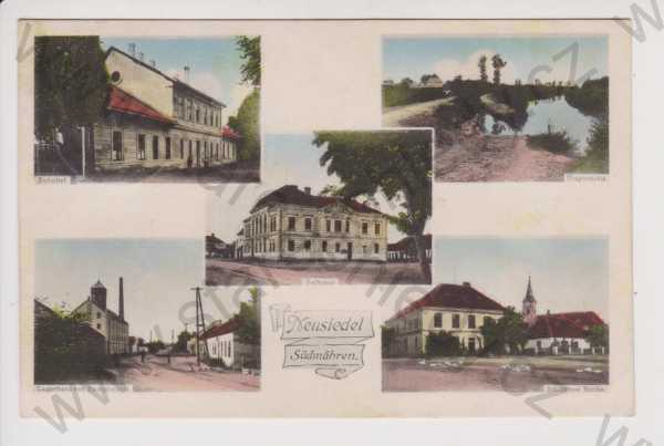 - Novosedly (Neusiedel) - Břeclav  nádraží, radnice, Dyje, mlýn, škola a kostel, koláž, kolorovaná