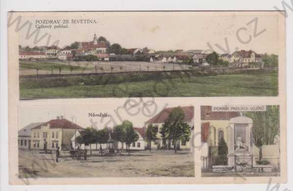  - Ševětín - celkový pohled, náměstí, pomník padlých vojínů, kolorovaná, České Budějovice