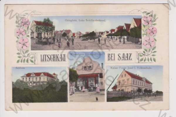  - Líčkov (Litschkau) - Louny   střed obce, pomník Schiller, zámek, škola, obchod Löbl, koláž, kolorovaná