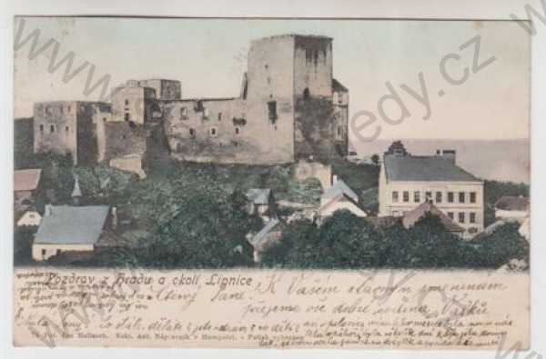  - Lipnice (Havlíčkův Brod), hrad, částečný záběr města, kolorovaná, DA