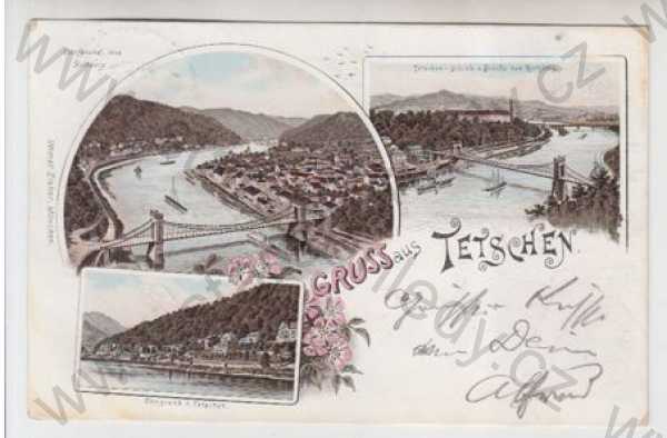  - Děčín (Tetschen), více záběrů, řeka, most, částečný záběr města, kolorovaná, koláž, DA