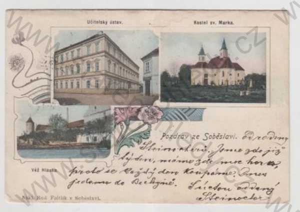 - Soběslav (Tábor), více záběrů, učitelský ústav, Kostel, Věž Hláska, kolorovaná, koláž, DA