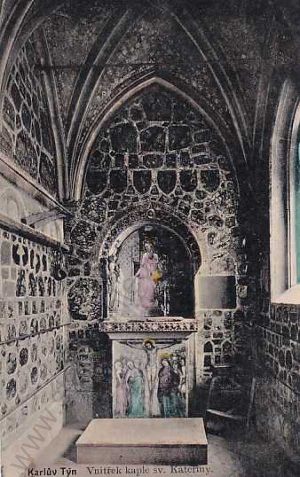  - Karlův Týn (Beroun), vnitřek kaple sv.  Kateřiny, kolorovaná, Karlštejn