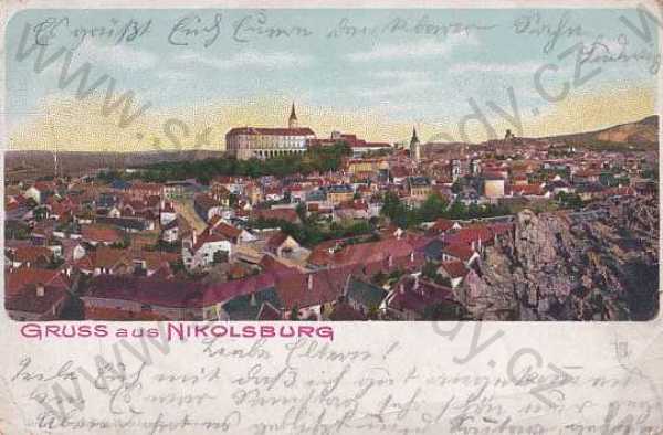  - Mikulov - Nikolsburg (Břeclav), zámek, celkový pohled, kolorováno, DA