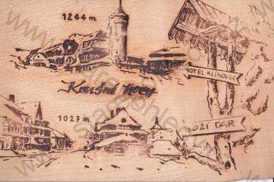  - Krušné hory (Karlovy Vary), dřevěná pohlednice, Klínovec, Boží Dar