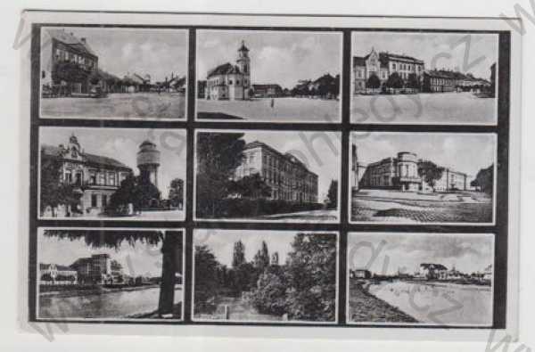  - Břeclav (Lundenburg), více záběrů, náměstí, kostel, hotel, pohled ulicí, řeka