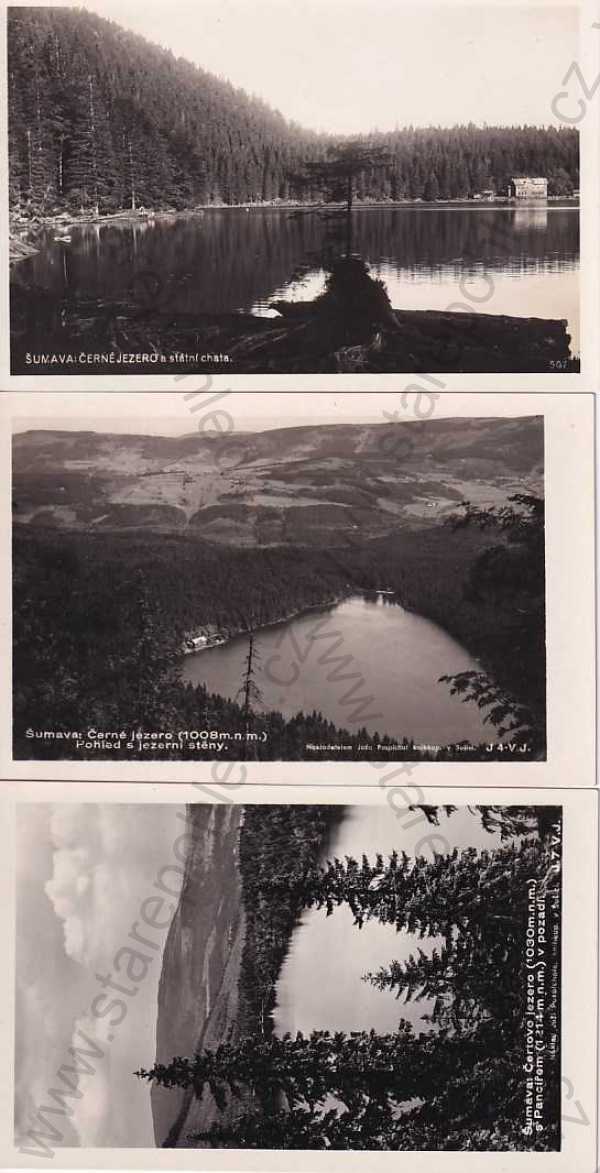  - Šumava (Klatovy), Černé jezero, Čertovo jezero, celkový pohled z výšky, 3 ks
