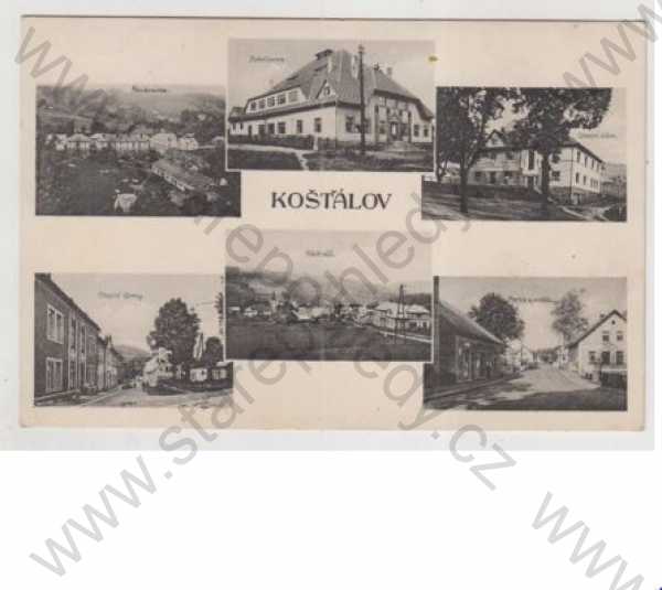  - Košťálov (Semily), více záběrů, Škvárovna, Sokolovna, Obecní dům, pohled ulicí, nádraží, partie, most
