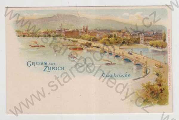  - Švýcarsko, Curych (Zürich), řeka, most, loď, částečný záběr města, kolorovaná, DA