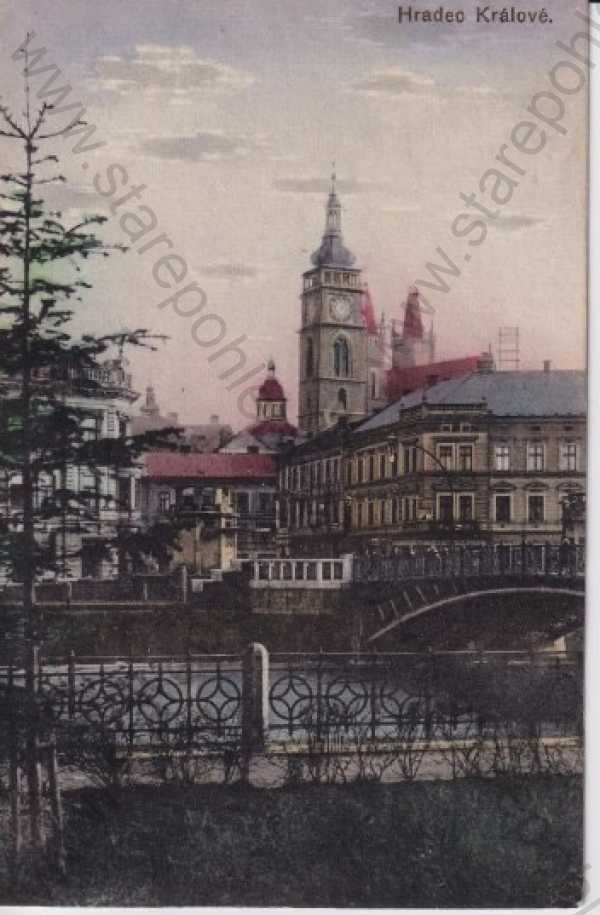  - Hradec Králové, kostel, řeka, litografie, kolorovaná