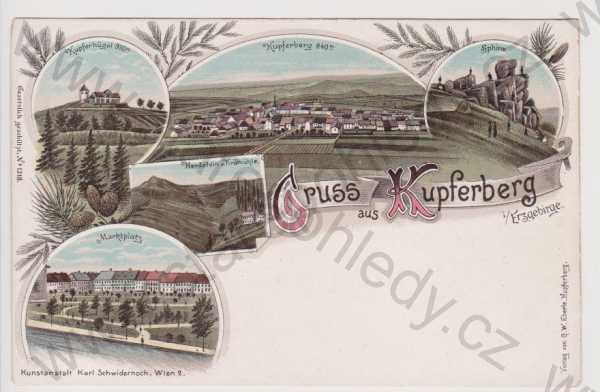  - Měděnec (Kupferberg) - celkový pohled, náměstí, Mědník, Sphinx, litografie, DA, koláž, kolorovaná
