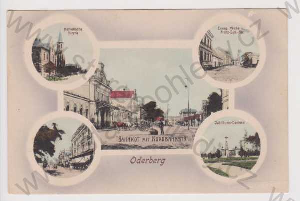  - Bohumín (Oderberg) - nádraží, Nádražní ulice, katolický kostel, evangelický kostel, pomník, partie, koláž, kolorovaná