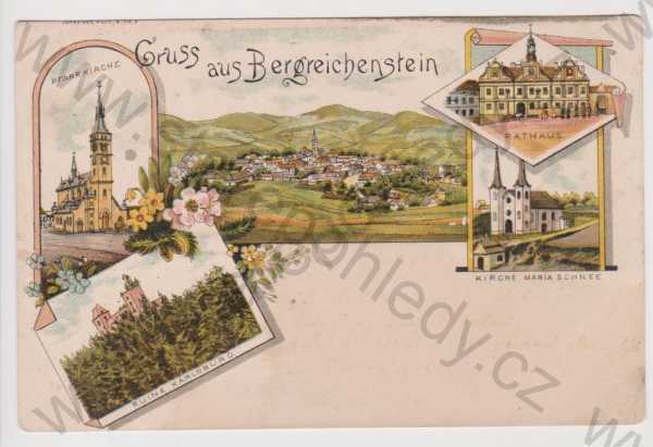  - Kašperské Hory (Bergreichenstein) - celkový pohled, radnice, kostel, hrad Kašperk, litografie, DA, koláž, kolorovaná