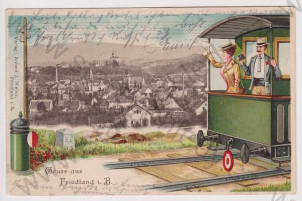  - Frýdlant (Friedland) - celkový pohled, plastická koláž vlak, litografie, kolorovaná, DA
