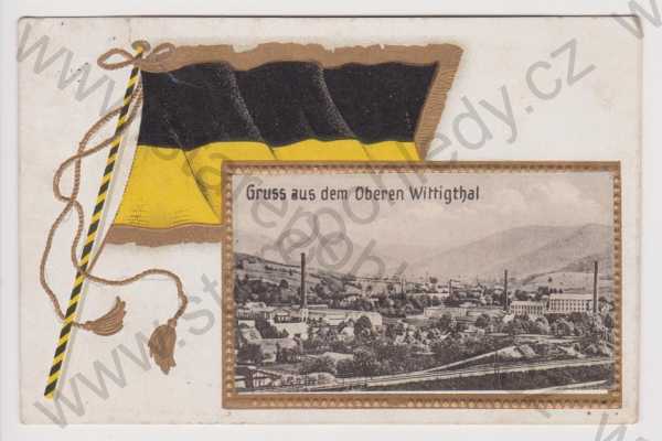  - Raspenava - Lužec (Oberen Wittigthal) - celkový pohled, vlajka, plastická koláž, litografie, kolorovaná