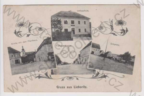  - Libořice (Lieboritz) - škola, kostel a fara, ulice, střed obce, koláž