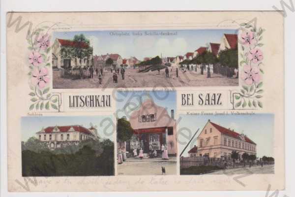  - Líčkov (Litschkau) - střed obce, pomník Schiller, zámek, škola, obchod Löbl, koláž, kolorovaná