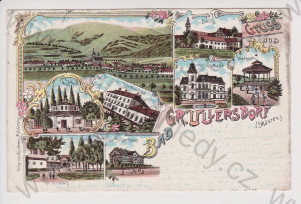 - Velké Losiny (Bad Ullersdorf) - celkový pohled, zámek, vila Marie, Karlův pramen, lázně, více záběrů, litografie, DA, koláž, kolorovaná
