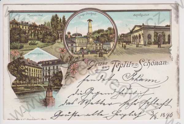  - Teplice (Teplitz - Schönau) - lázně, panský dům, pomník padlým, litografie, DA, koláž, kolorovaná