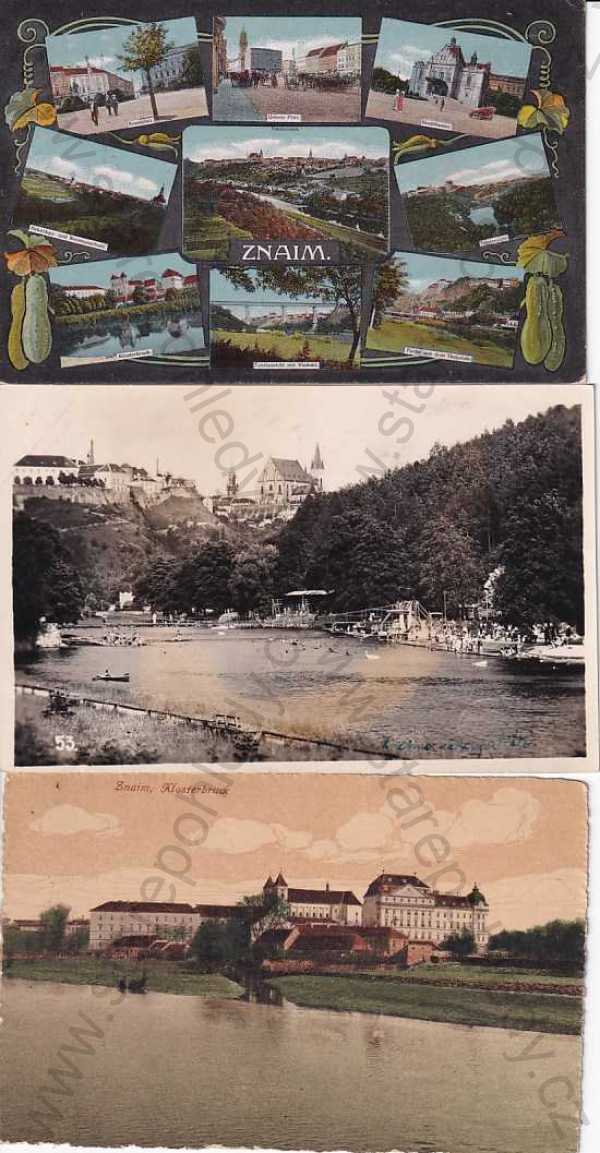 - Znojmo - Znaim, 3 ks, kolorovaná, více záběrů, klášter, divadlo, náměstí, koláž