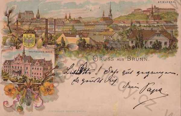  - Brno - Brümm, celkový pohled, koláž, kolorovaná, Německý dům, DA
