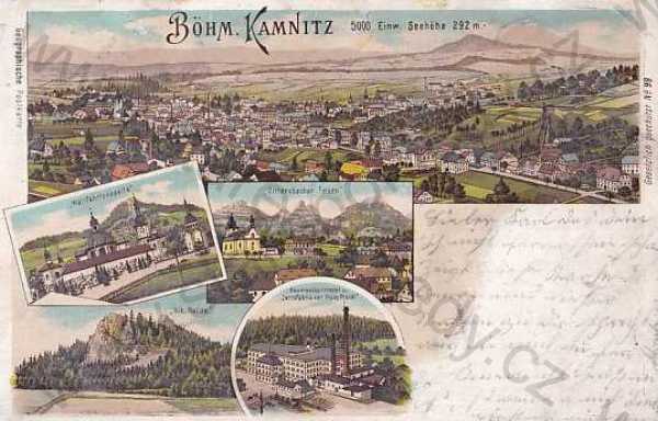  - Česká Kamenice - B. Kamnitz (Děčín), barevná, kresba, DA, koláž, kaple, zřícenina, celkový pohled, kostel, továrna