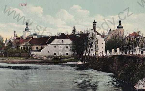  - Třešť - Triesch (Jihlava), kolorovaná, celkový pohled, kostel, vodní plocha, 