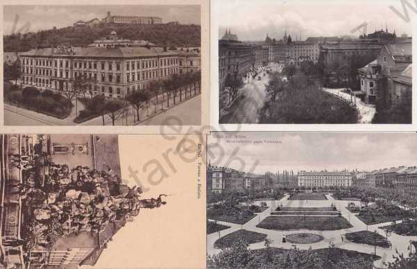  - 4x pohlednice: Brno - Brün, náměstí, reduta, Parnas, park, divadlo