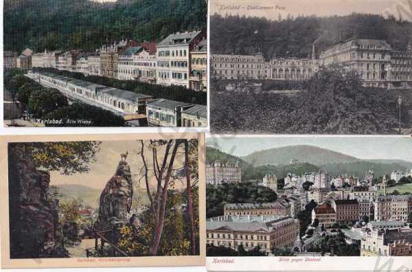  - Karlovy Vary - Karlsbad, 4 ks, celkový pohled, kolorovaná, Jelení skok, hotel Pupp, Stará louka, Alte Wiese