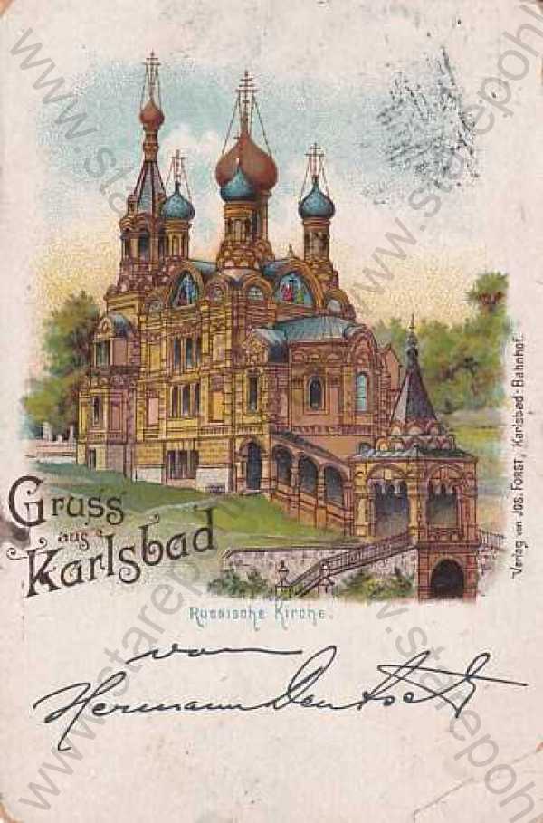  - Karlovy Vary - Karlsbad, Pravoslavný kostel sv. Petra a Pavla, kolorovaná, DA, koláž, zlacená, kresba