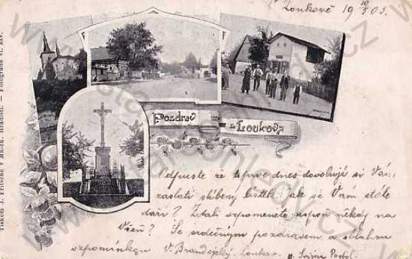  - Loukov (Mladá Boleslav), koláž, DA, kostel, pomník, náves, postavy, roubenka