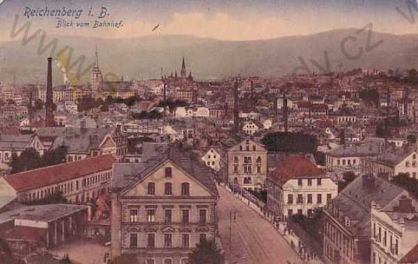  - Liberec - Reichenberg, kolorovaná, celkový pohled, radnice, kostel, pohled ulicí
