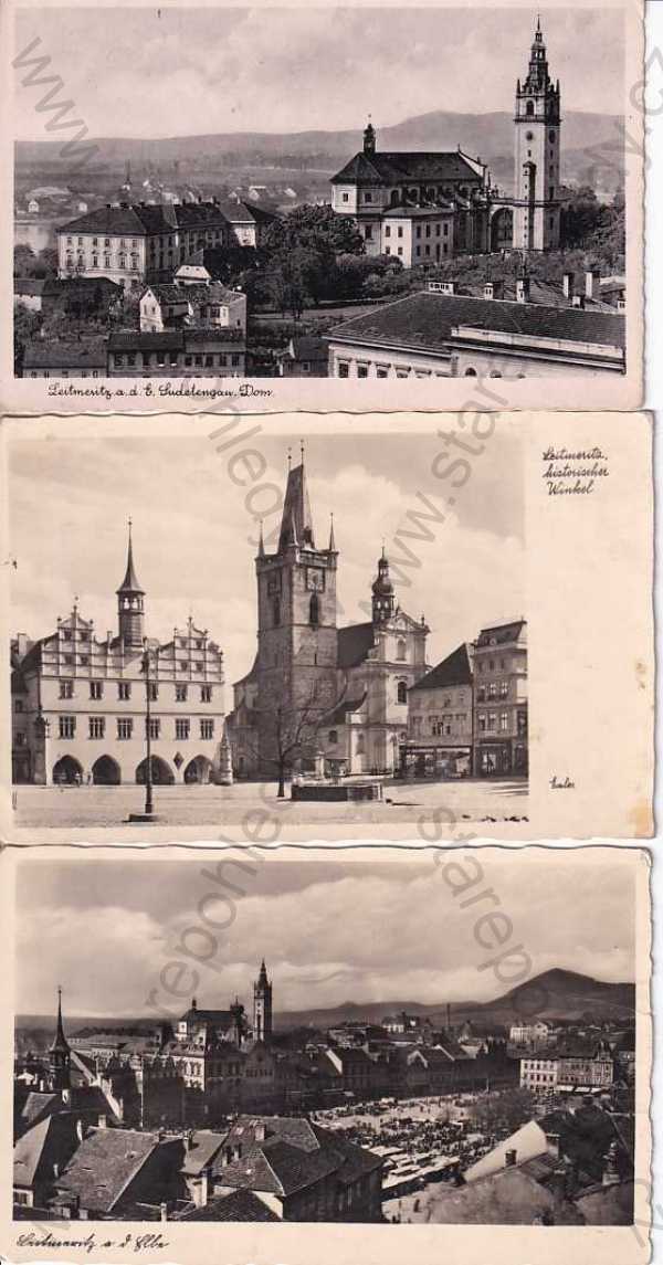  - Litoměřice - Leitmeritz, 3 ks, celkový pohled, kostel, náměstí