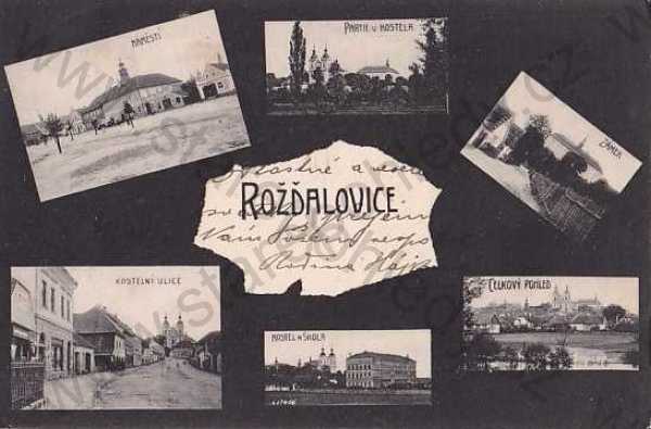  - Rožďalovice (Nymburk), více záběrů, kostel, náměstí, Kostelní ulice, celkový pohled, škola, zámek