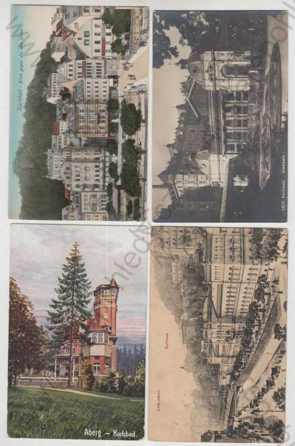  - 4x Karlovy Vary (Karlsbad), park, Rozhledna Aberg, částečný záběr města, kolorovaná, DA