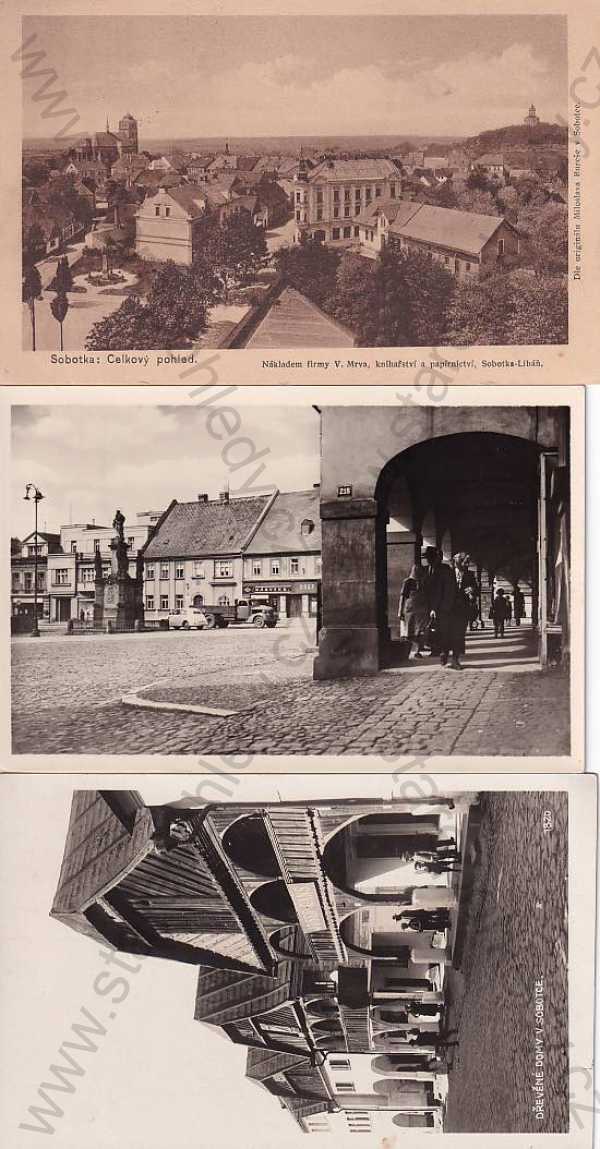  - 3x pohlednice: Sobotka (Jičín), dřevěné domy, náměstí, celkový pohled