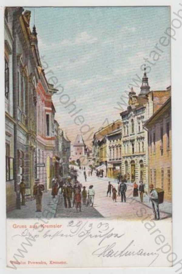  - Kroměříž (Kremsier), pohled ulicí, kolorovaná, DA