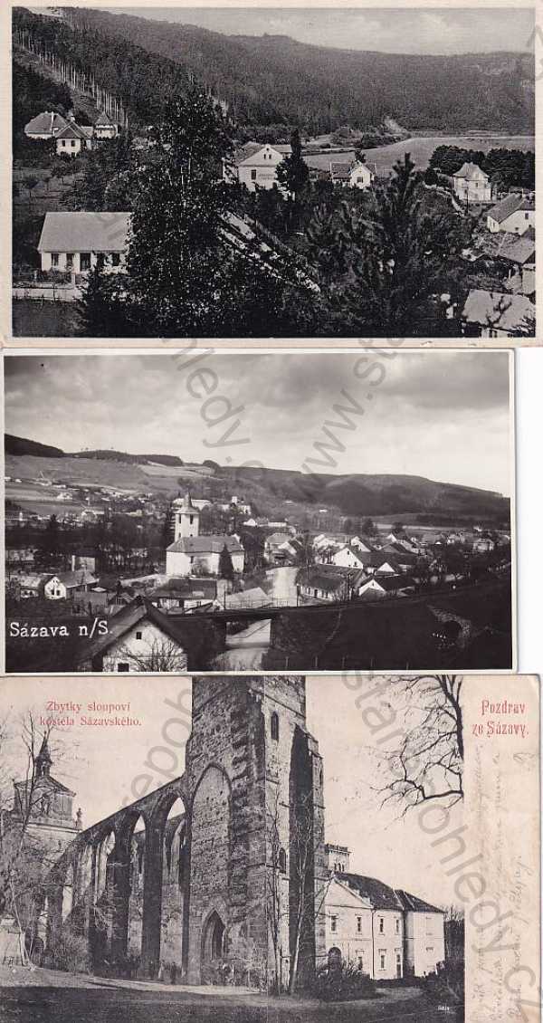  - 3x pohlednice: Sázava (Benešov), celkový pohled, klášter